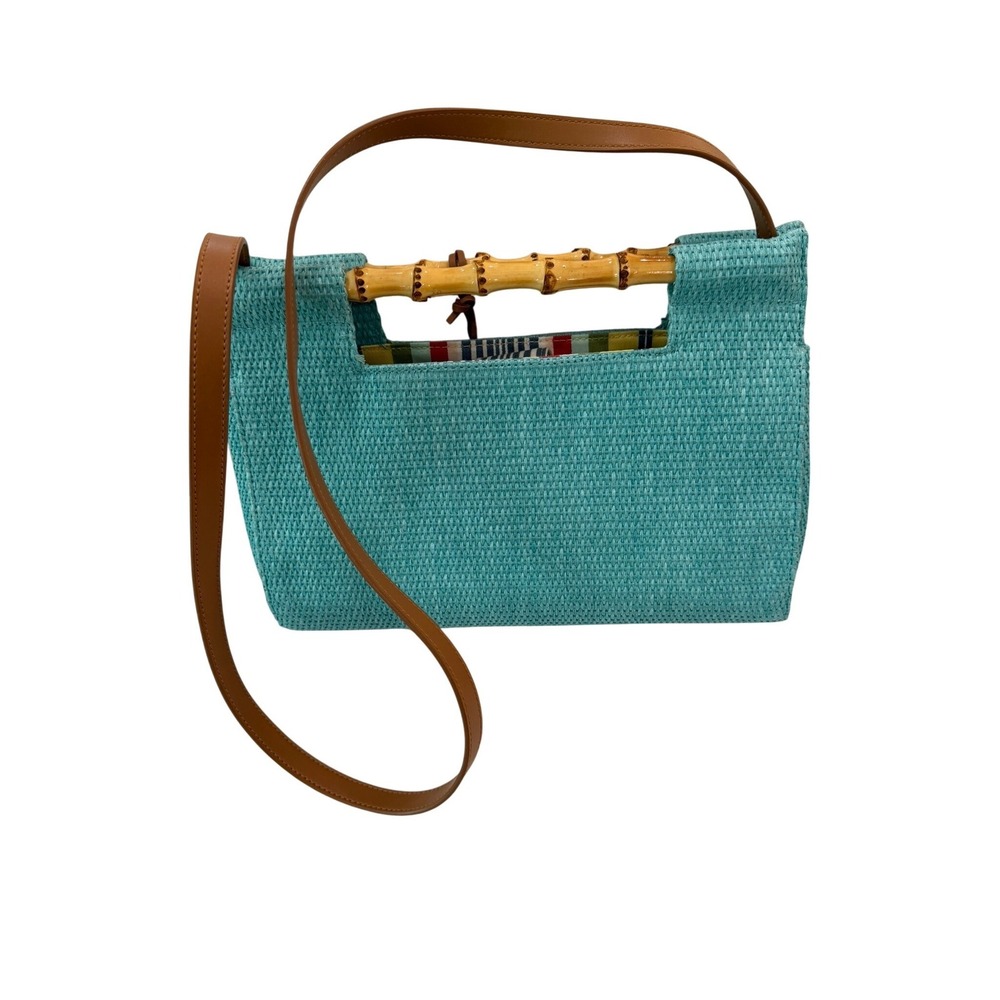 Fossil Straw Bamboo Handle Crossbody Bag Turquoise Blue Woven Summer Handbag NEW - Picture 2 of 12